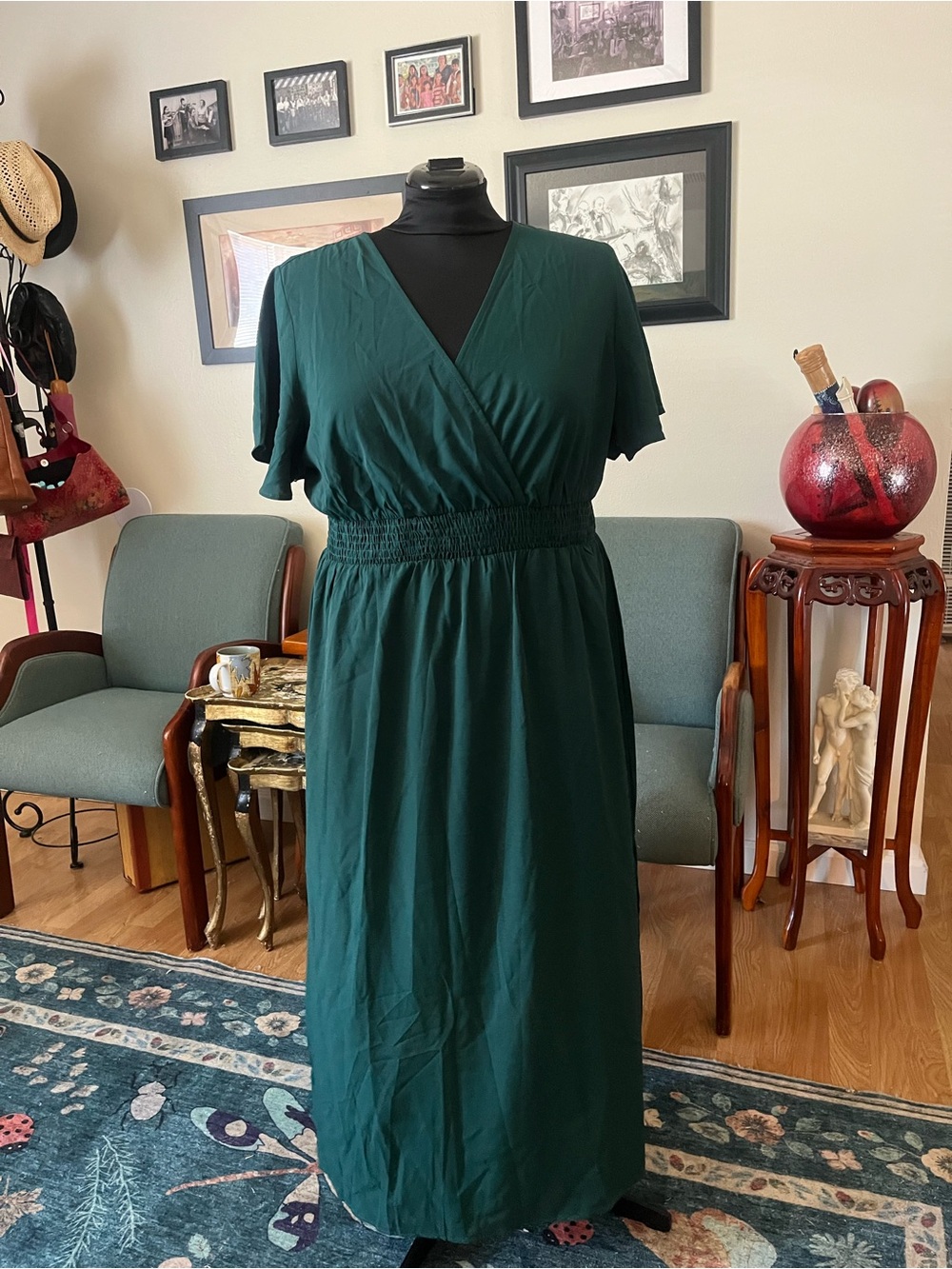 SHEIN Dark Green V-Neck Smocked-Waist Maxi Dress